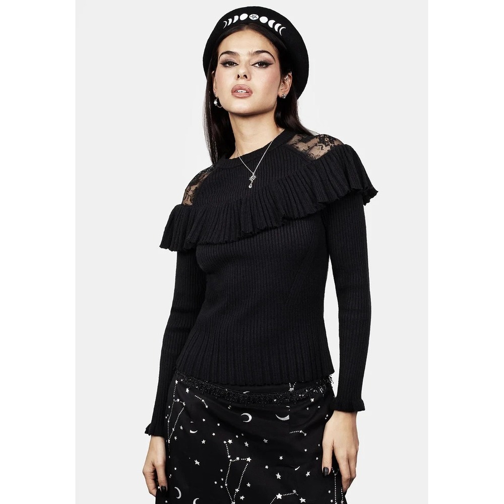 Disturbia Black Edith Paneled Sweater Lace Ribbed Round‎ Neck Grunge Goth Y2k